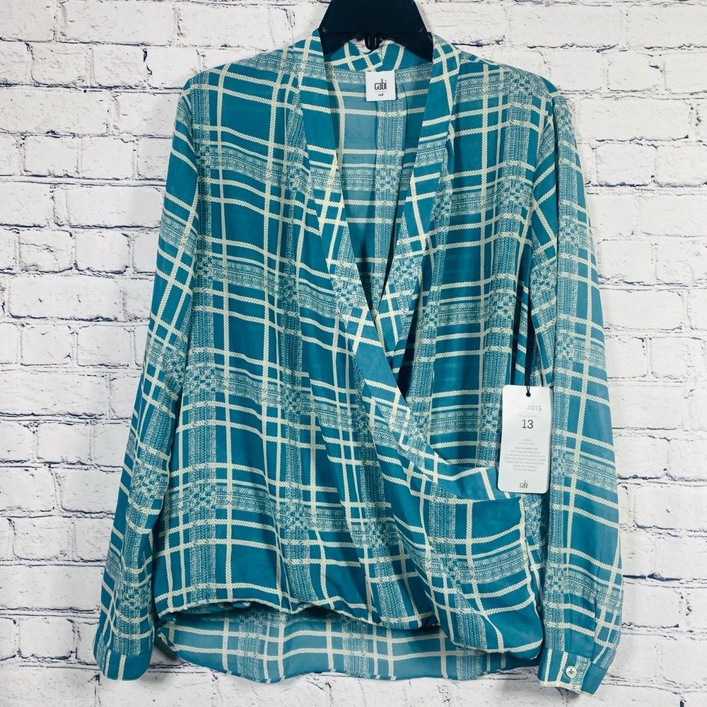 CAbi Teal Plaid Wrap V-Neck Long Sleeve Hi Low - Teal & White Blouse Size‎ M